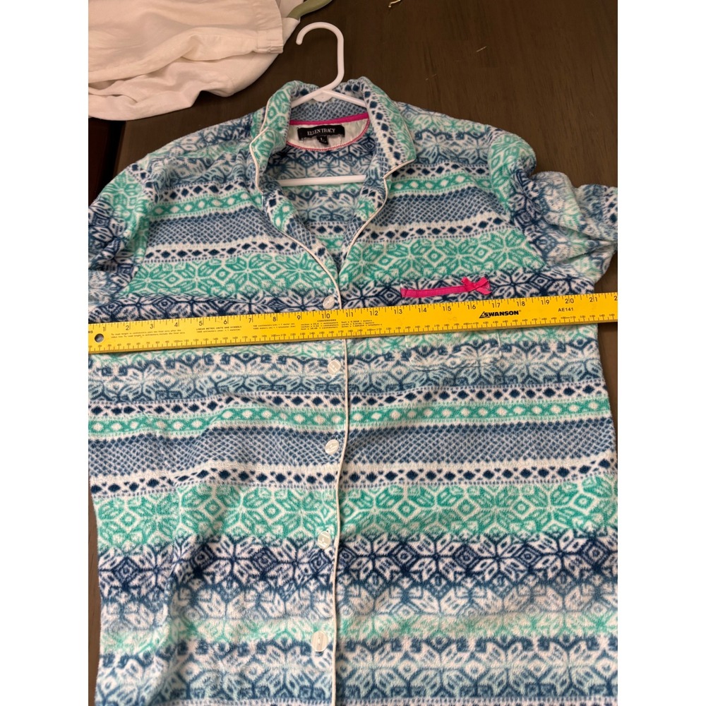 Ellen Tracy Women Teal Blue Fair Isle Fleece Pajama Set Long Sleeve Pants Large - Picture 6 of 8